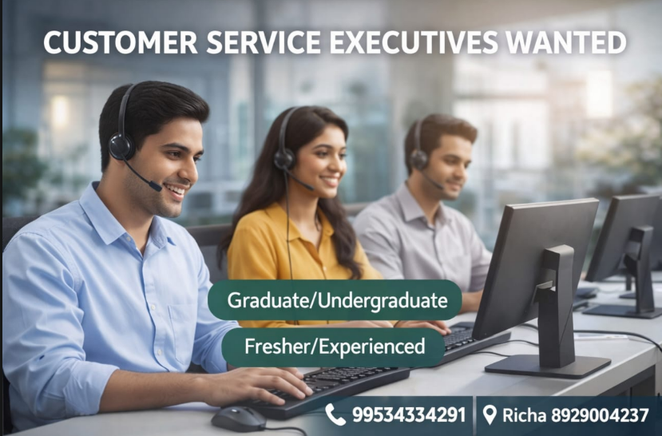 Customer Service Executives required. Graduate/Undergraduate can apply. Excellent English needed. Salary up to ₹22,000. Fresher/Experienced welcome. Call Rahul 9953434201, Richa 8929004237. Dwarka.